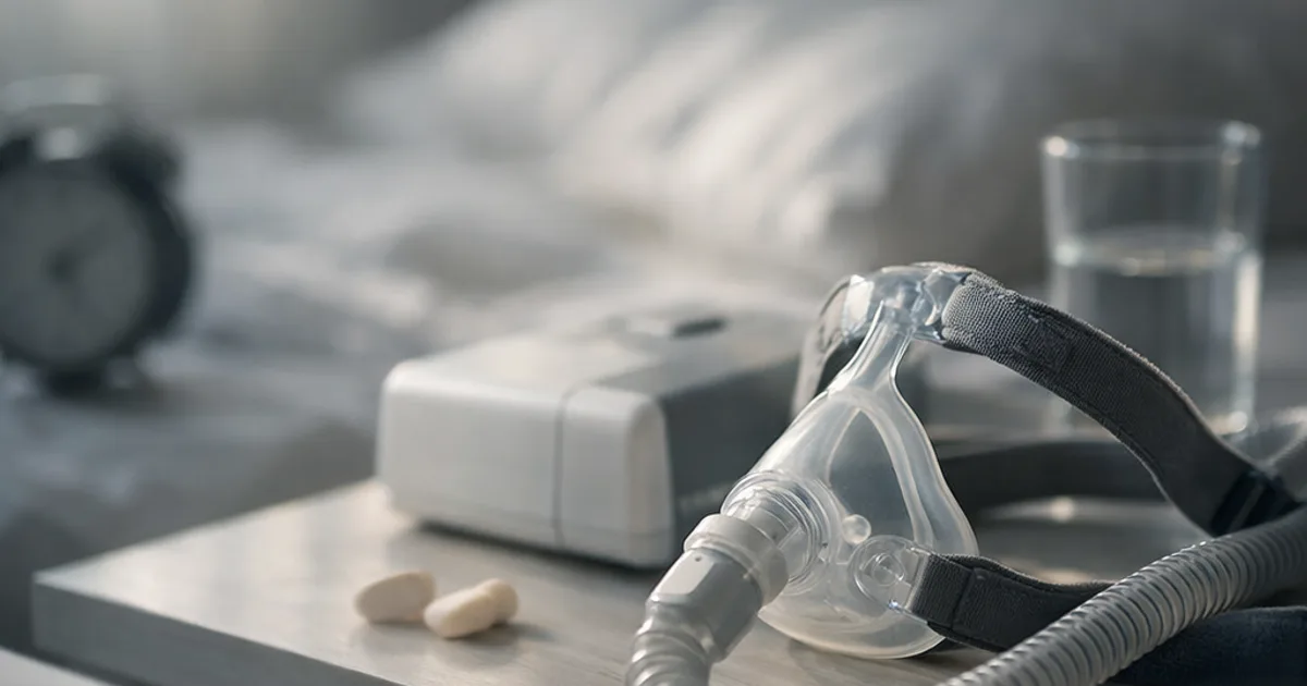 CPAP-Maske mit Schlauch, Gerät, zwei Tabletten und Wasserglas auf Nachttisch vor Bett