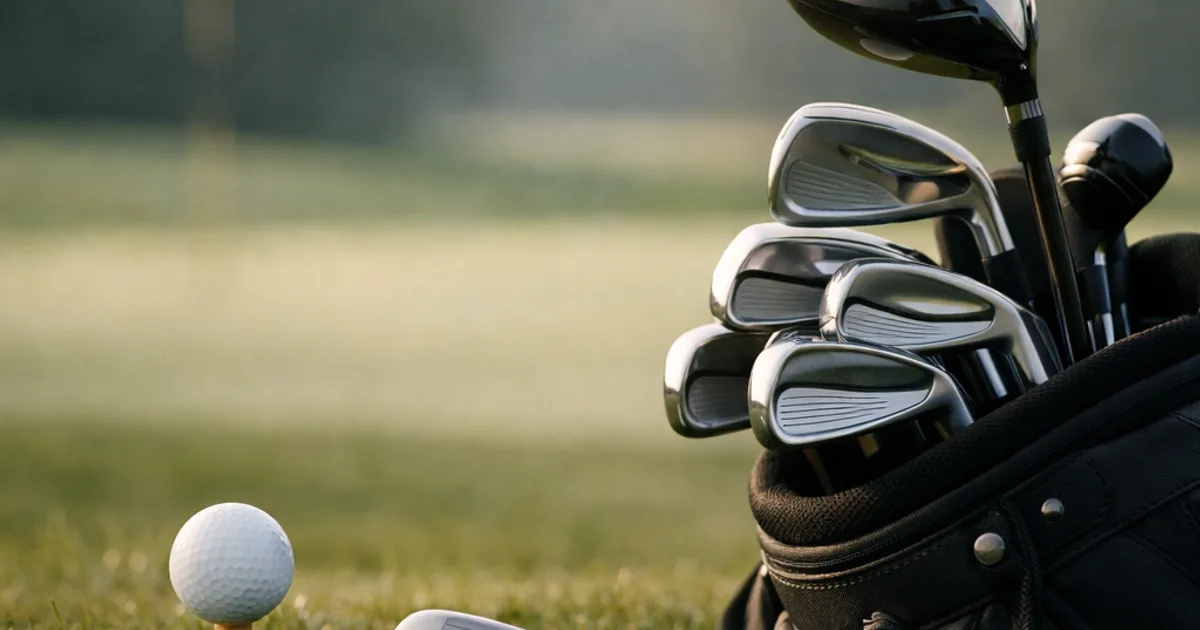 Golfball auf Tee neben schwarzer Golftasche mit Schlägern auf Rasen