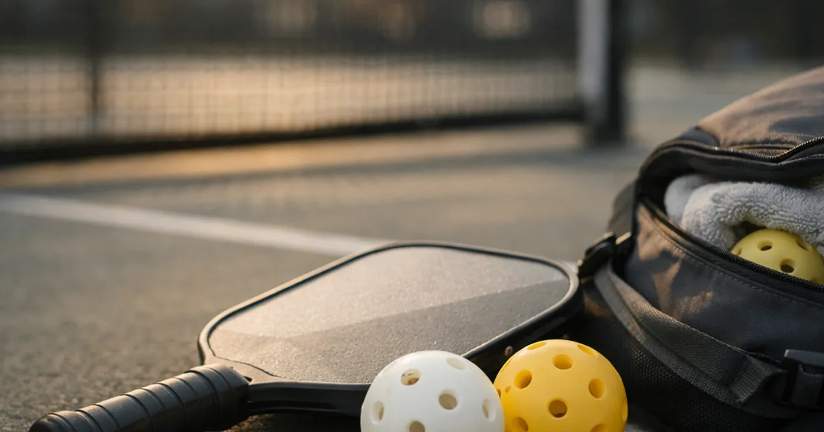Schwarzes Pickleball-Paddle mit weißem und gelbem Ball neben Sporttasche auf Platz