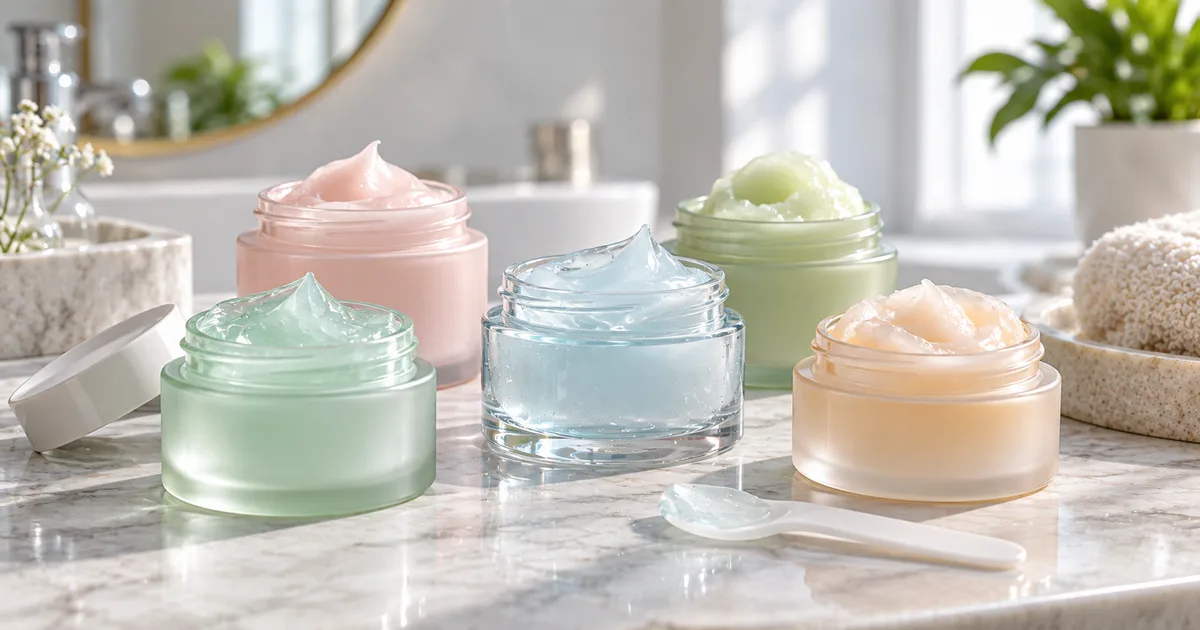 Verschiedene leichte Sorbet- und Gel-Cremes mit frischen Geltexturen im Vergleich